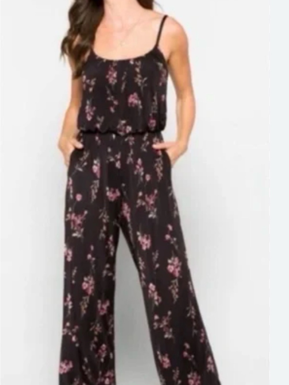 Kaileigh Black Floral Wide-Leg Jumpsuit with Pink Print